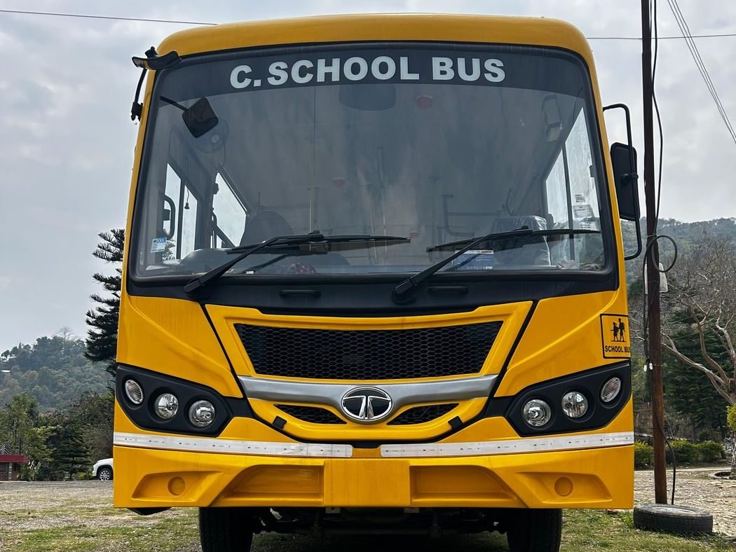 The front of the yellow school bus